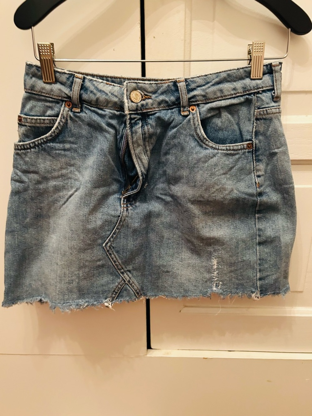Topshop Light Blue Denim Mini Skirt with Contrast Stitching